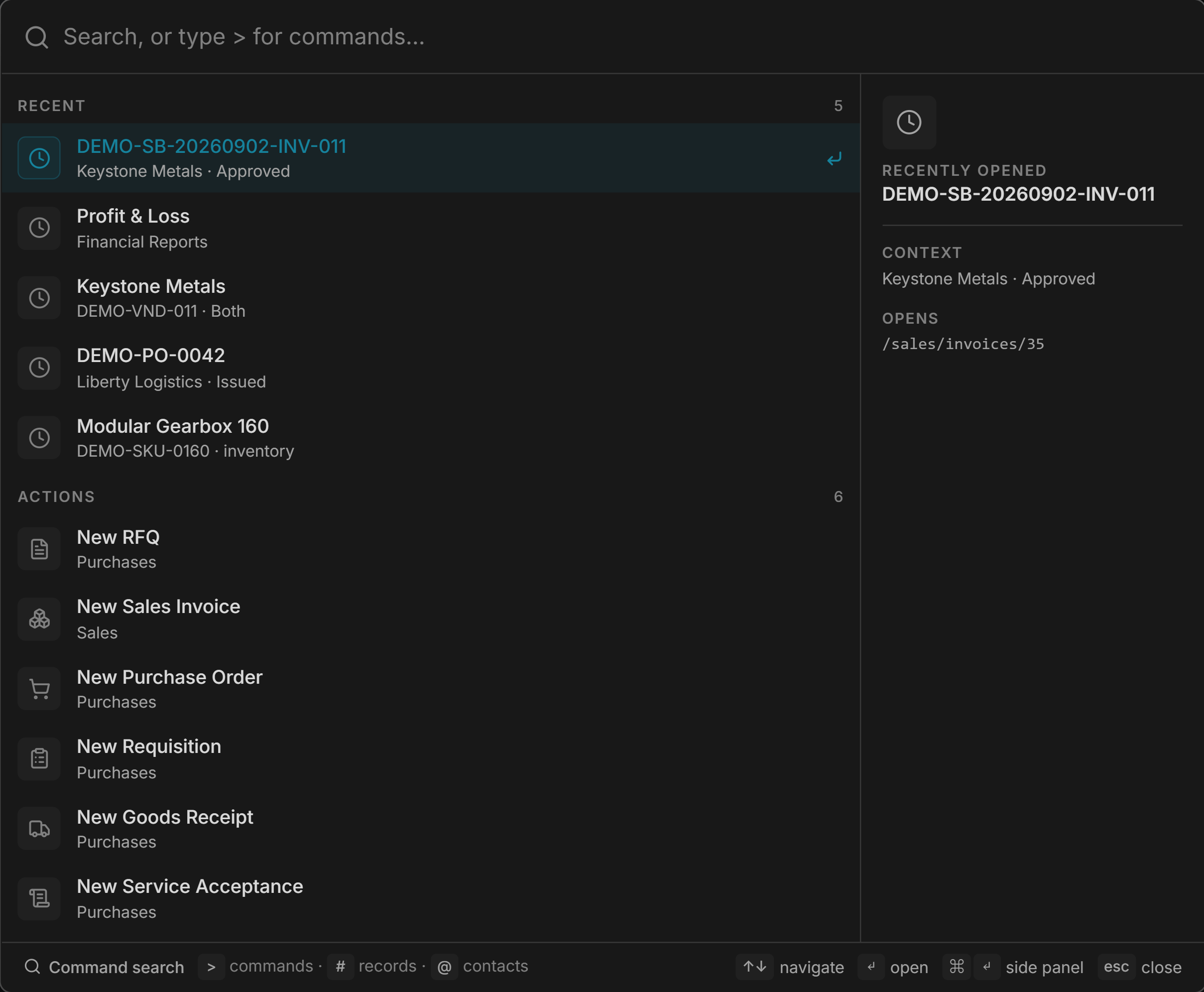 Datum Command Center search with a record open beside the list