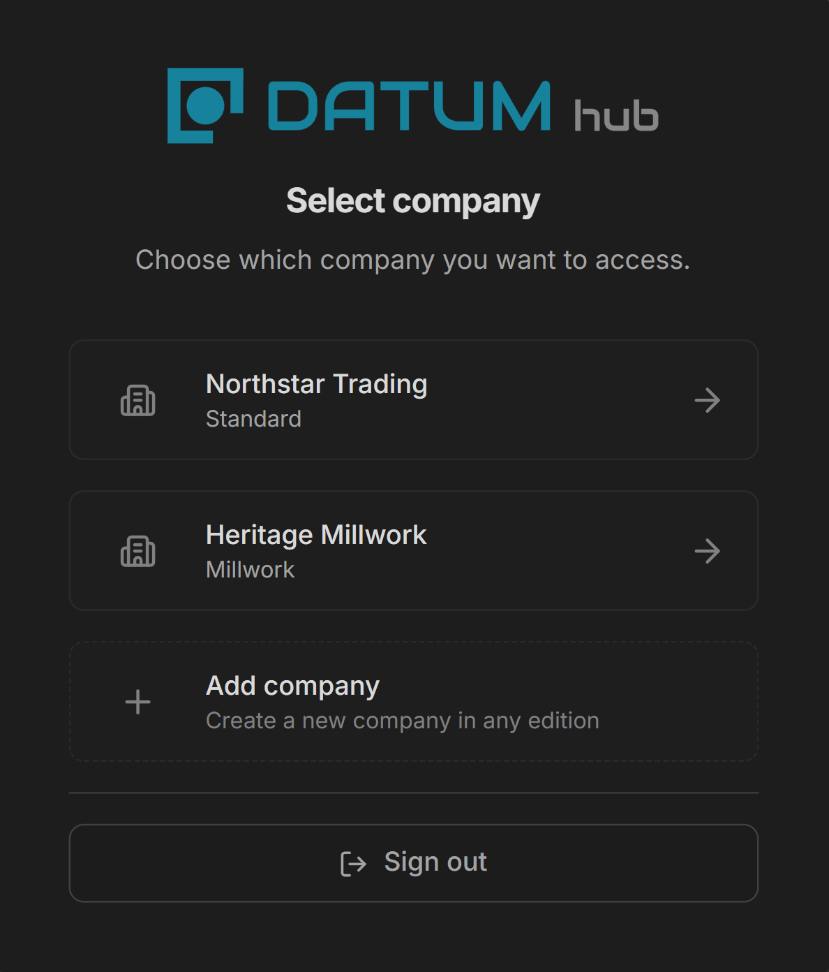 Datum company switcher listing the companies a user can move between