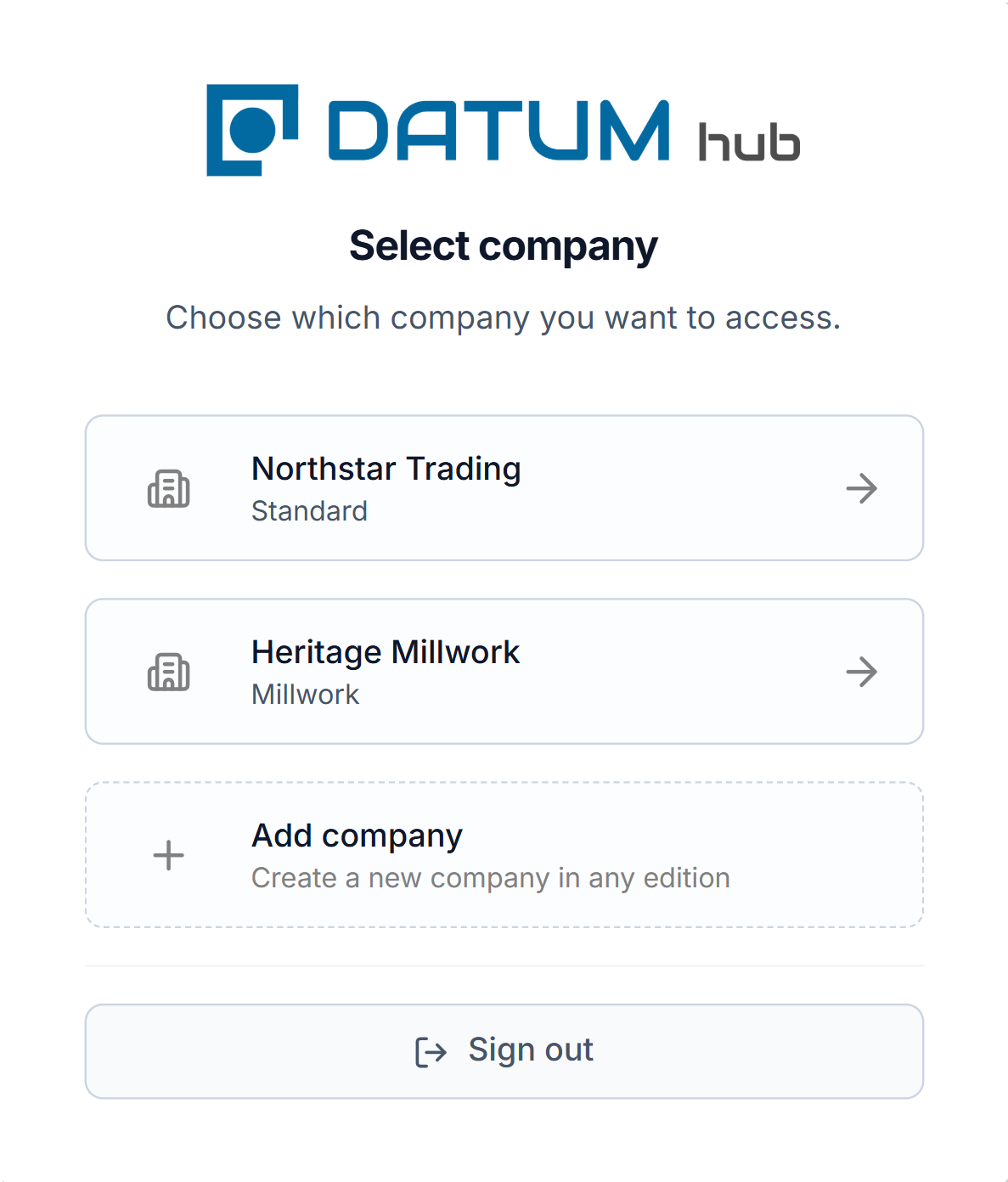 Datum company switcher listing the companies a user can move between
