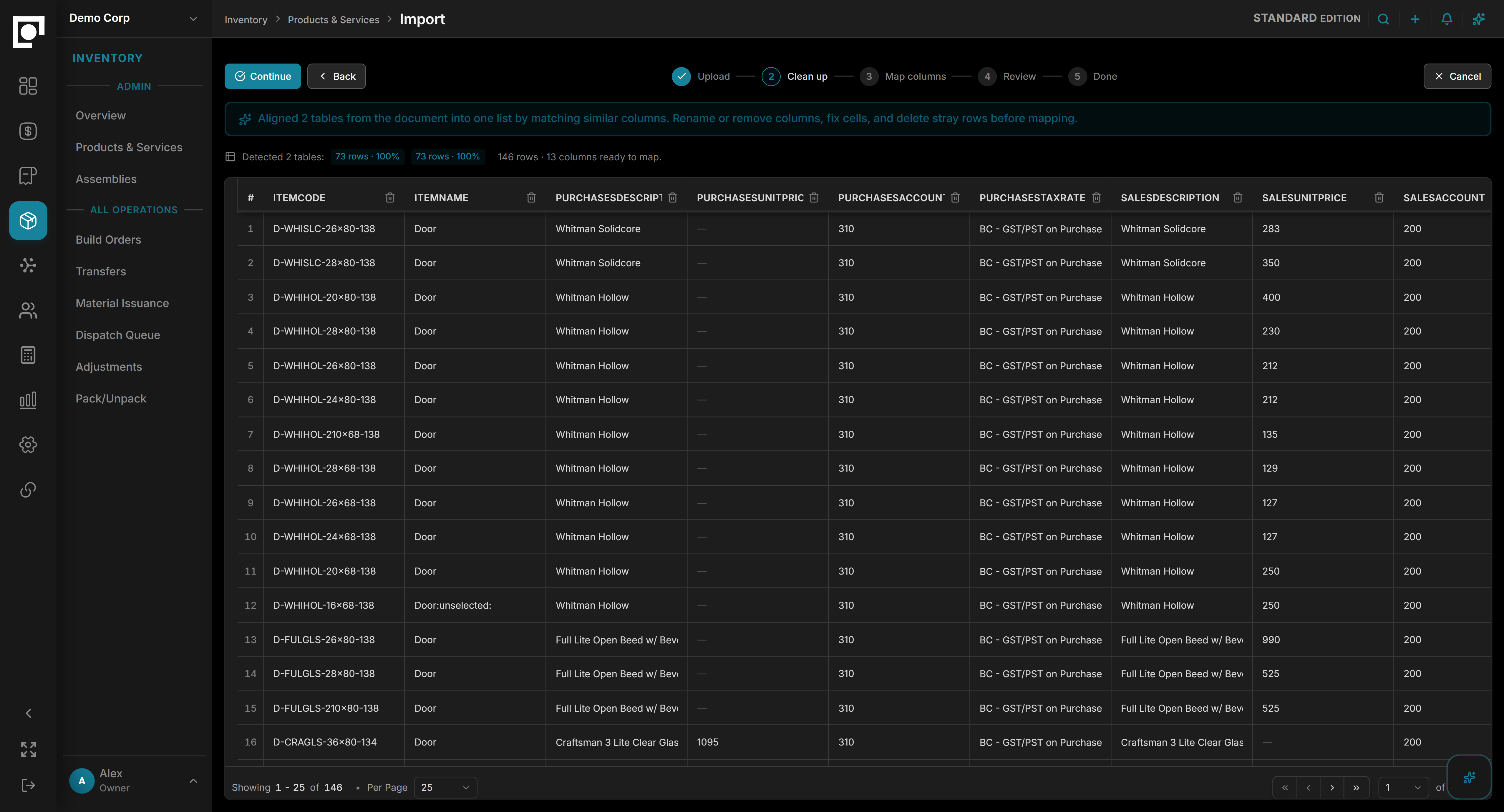 Datum import workspace cleaning inventory data before column mapping