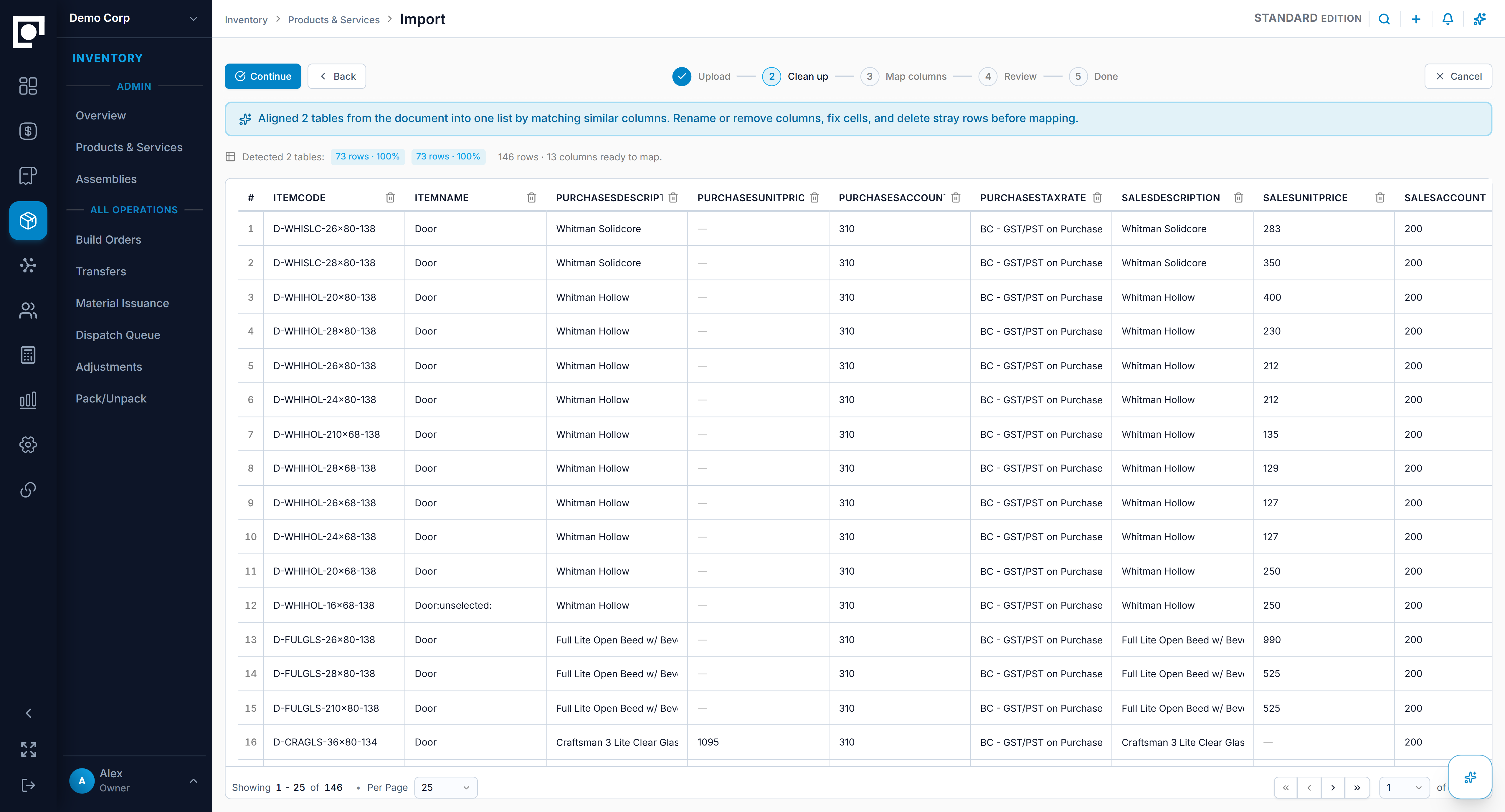 Datum import workspace cleaning inventory data before column mapping