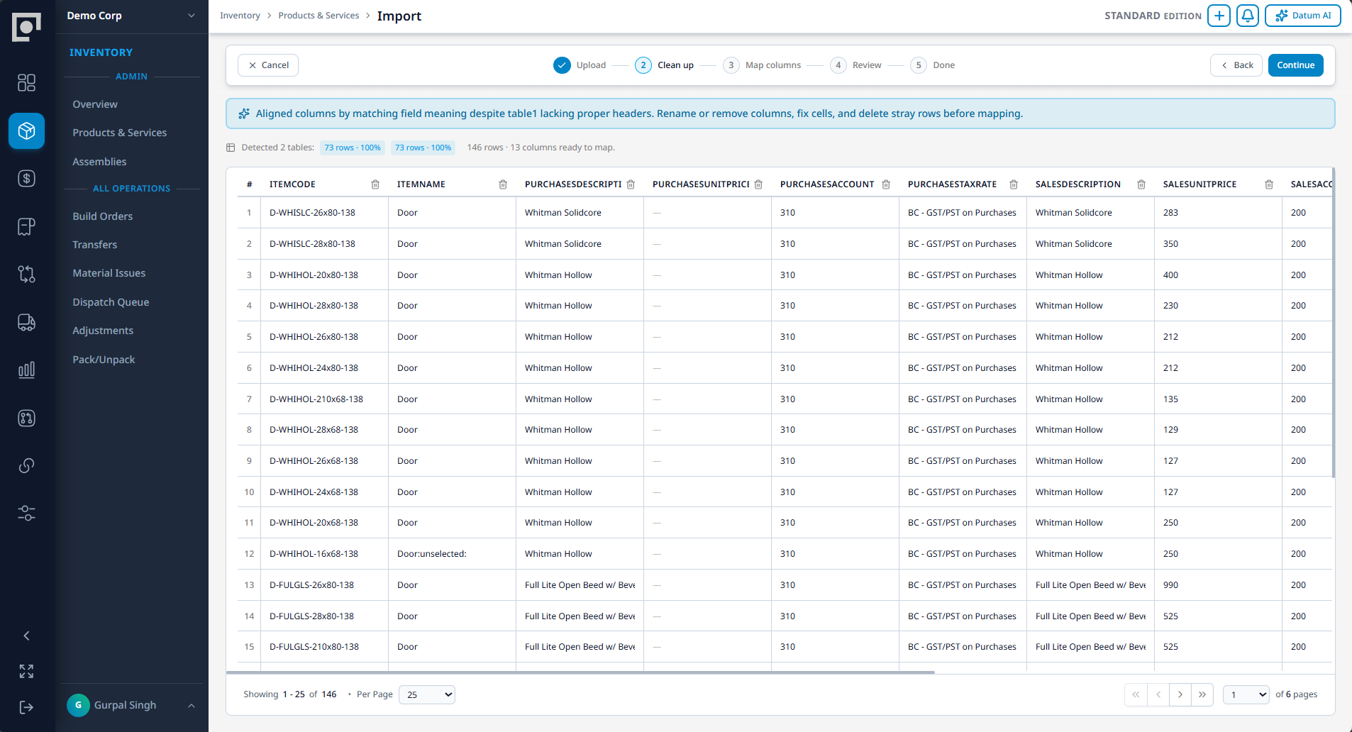 Datum import workspace cleaning inventory data before column mapping