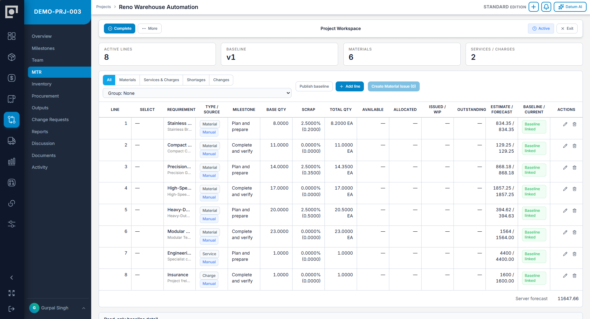 Datum project command center