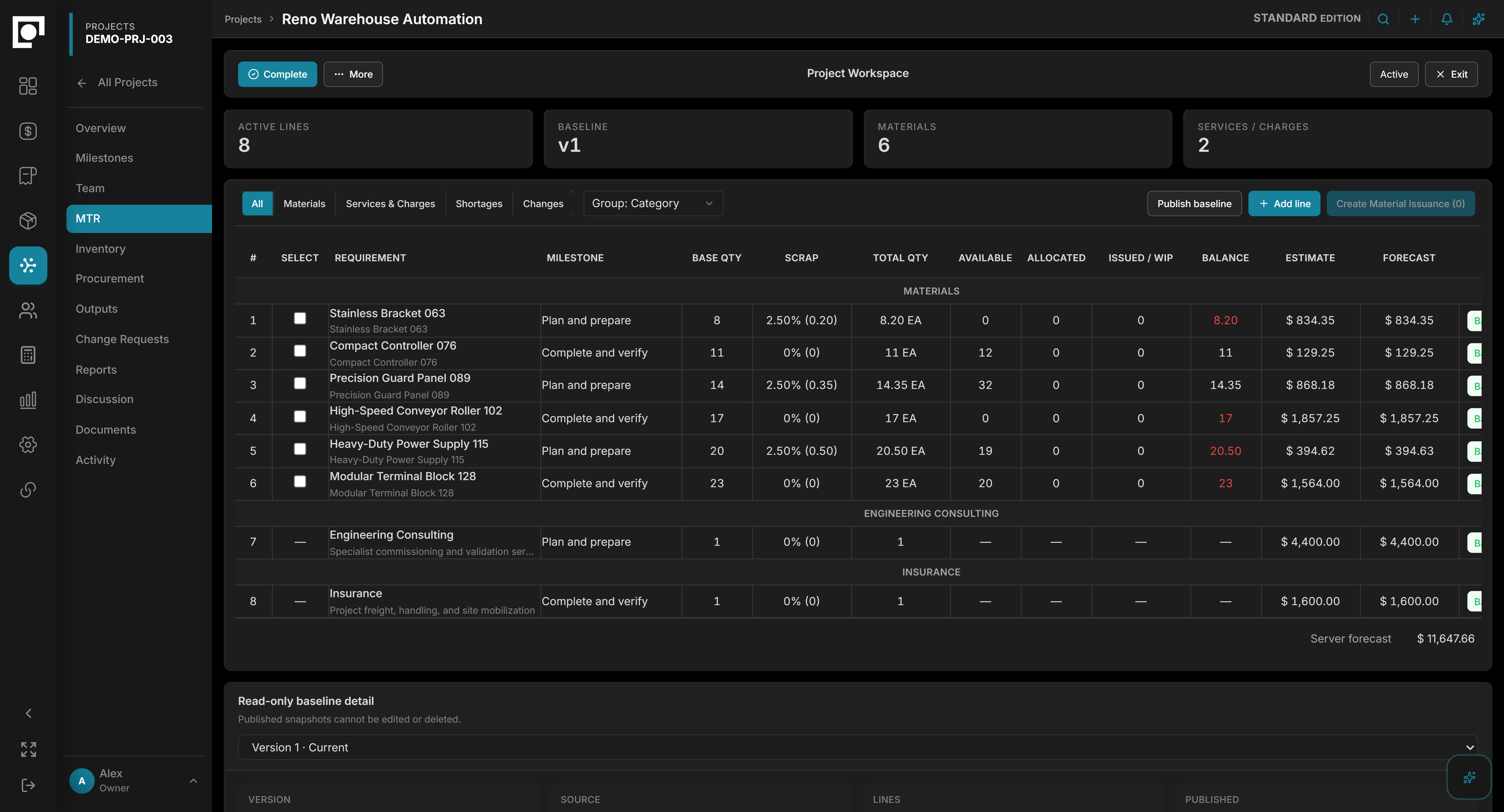 Datum project workspace listing material requirement lines with quantity, availability, allocation, outstanding amounts, and estimate against the published baseline