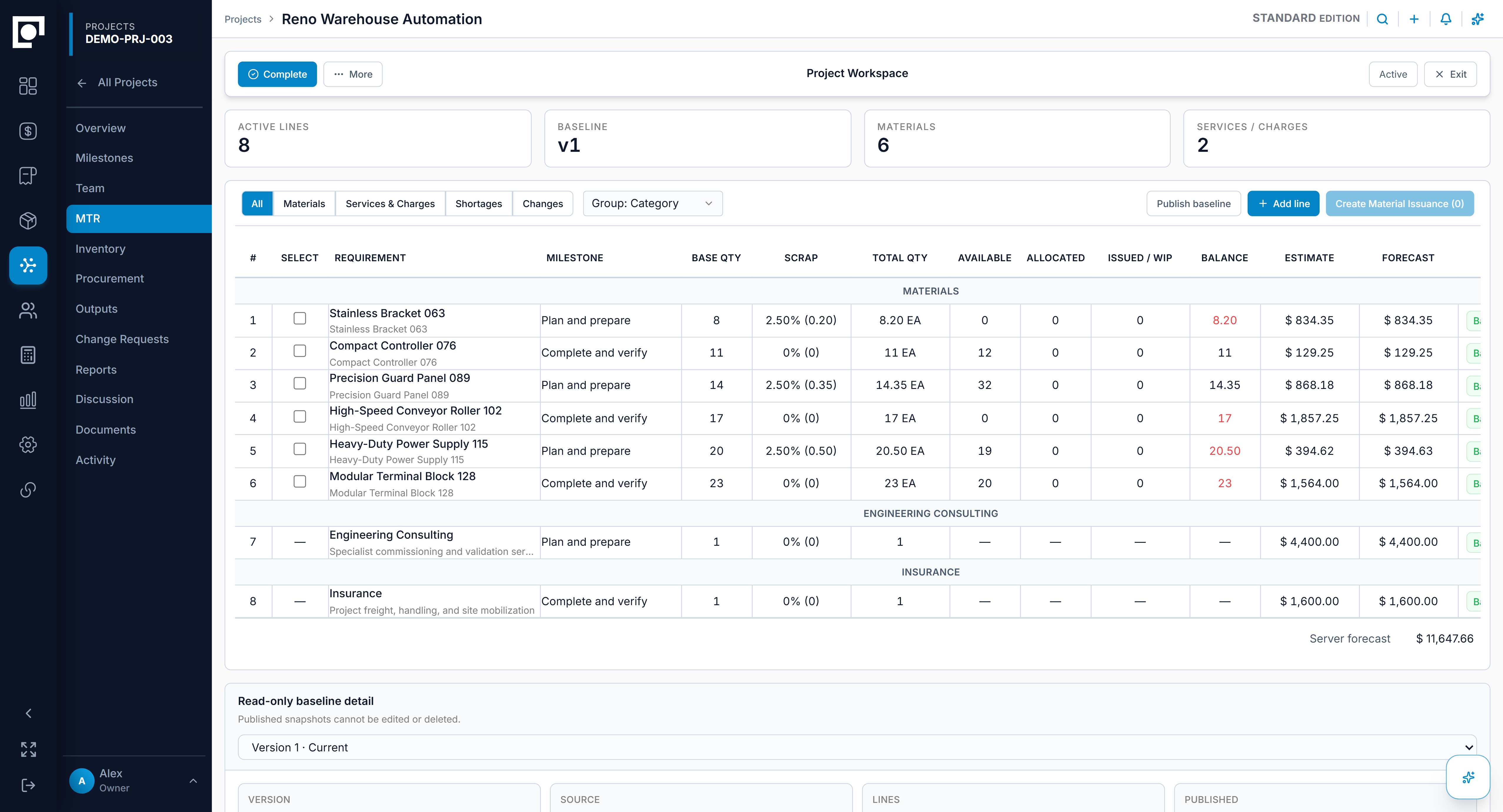 Datum project workspace listing material requirement lines with quantity, availability, allocation, outstanding amounts, and estimate against the published baseline